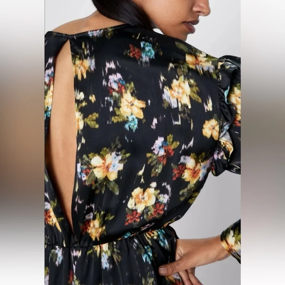 Zara Black Floral Ruffle‎ Mini Long Sleeves Dress Size XS - Picture 5 of 16